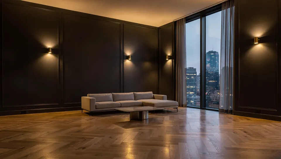 Salón de un apartamento de interiorismo sobrio, con apliques de latón y vistas a la ciudad al anochecer